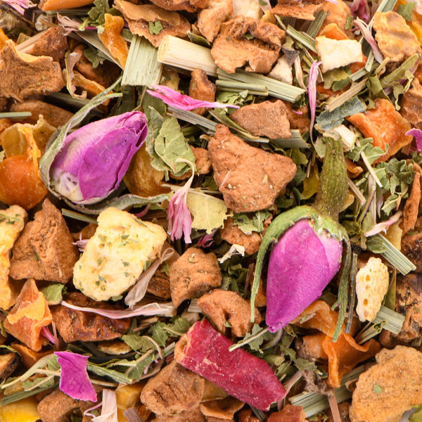 Apfelstücke Bio, Zitronenverbene Bio, Karottenstücke Bio, Apfelstücke gefriergetrocknet Bio, Zitronengras Bio, Orangenschalen Bio, natürliches Mangoaroma, Pfirsichstücke gefriergetrocknet Bio, Rosenknospen rosa Bio, Limettenöl Bio, Kornblumenblütenblätter pink Bio